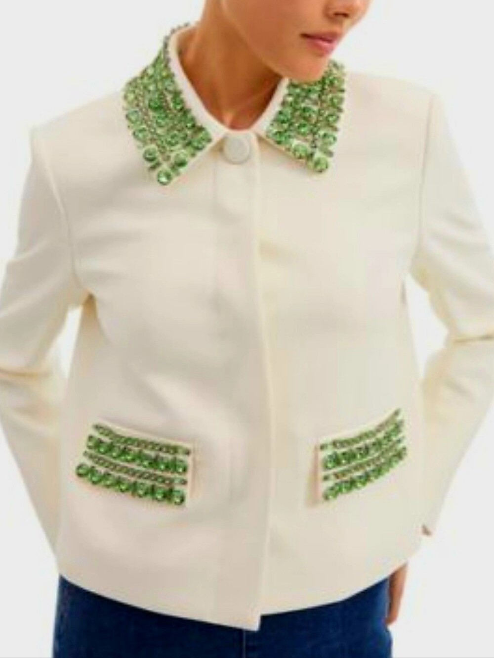 Veronica Beard Imogen Embellished White Jacket with Green Crystal Trim
